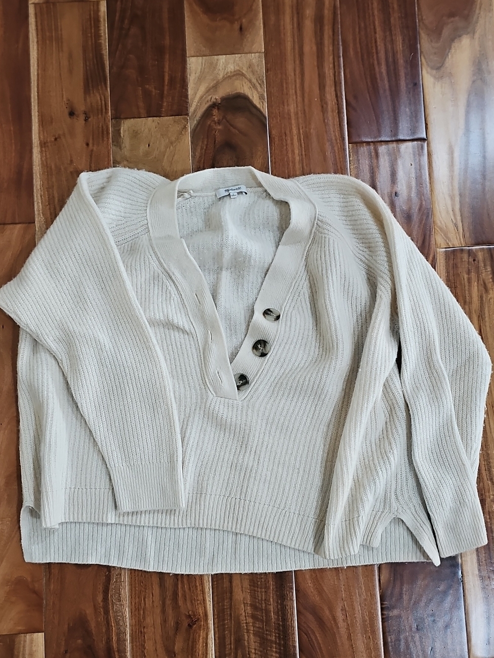Madewell Cream Ribbed V-Neck Sweater with Button Placket